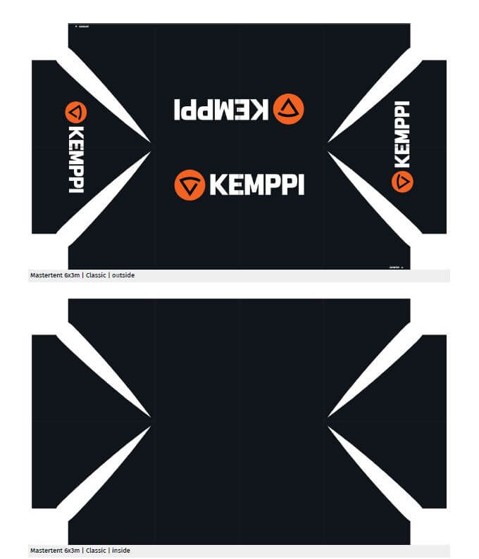 Mastertent musta pop-up teltta, koko 6x3, kattoon painettu Kempin logot neljälle sivulle.
