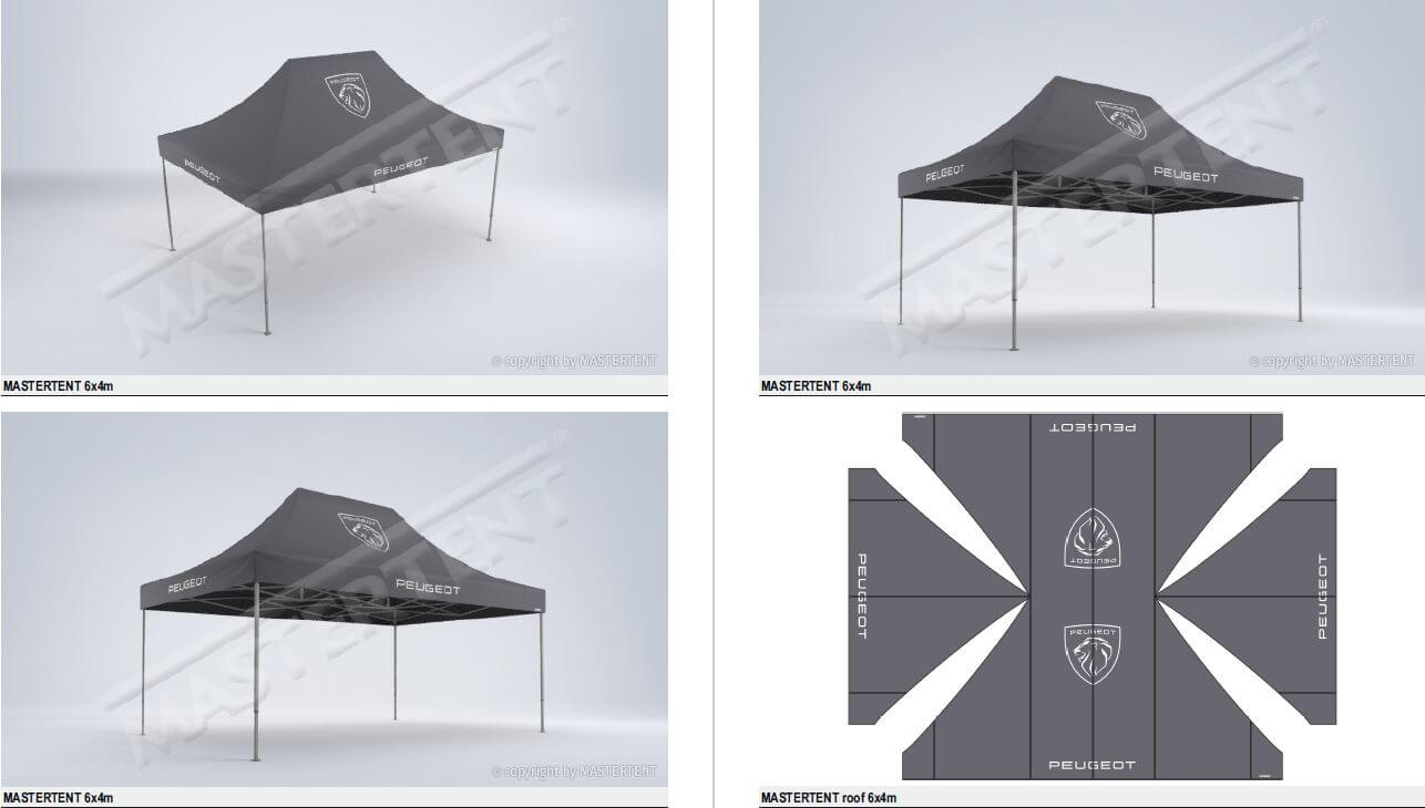 Harmaa Mastertent pop-up teltta koossa 6x4, valkoinen logopainatus katossa sekä katon reunoissa neljällä sivulla.
