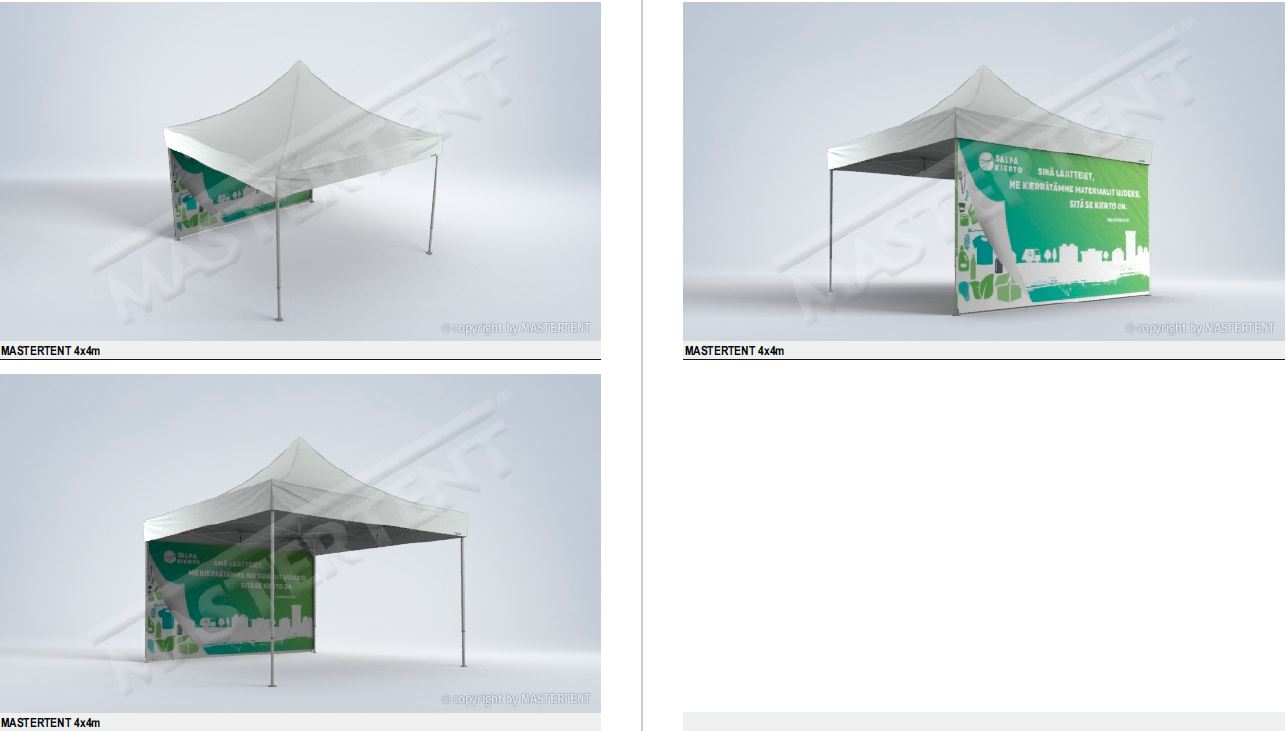 Valkoinen pop-up teltta 4x4, brändätty takaseinä.